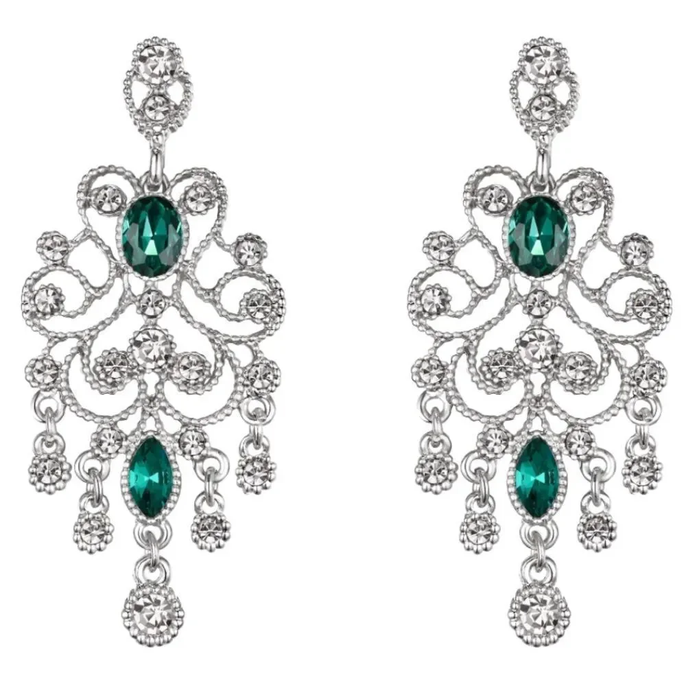 Silver with Diamond and Emerald Austrian Crystal Banquet Chandelier Earrings